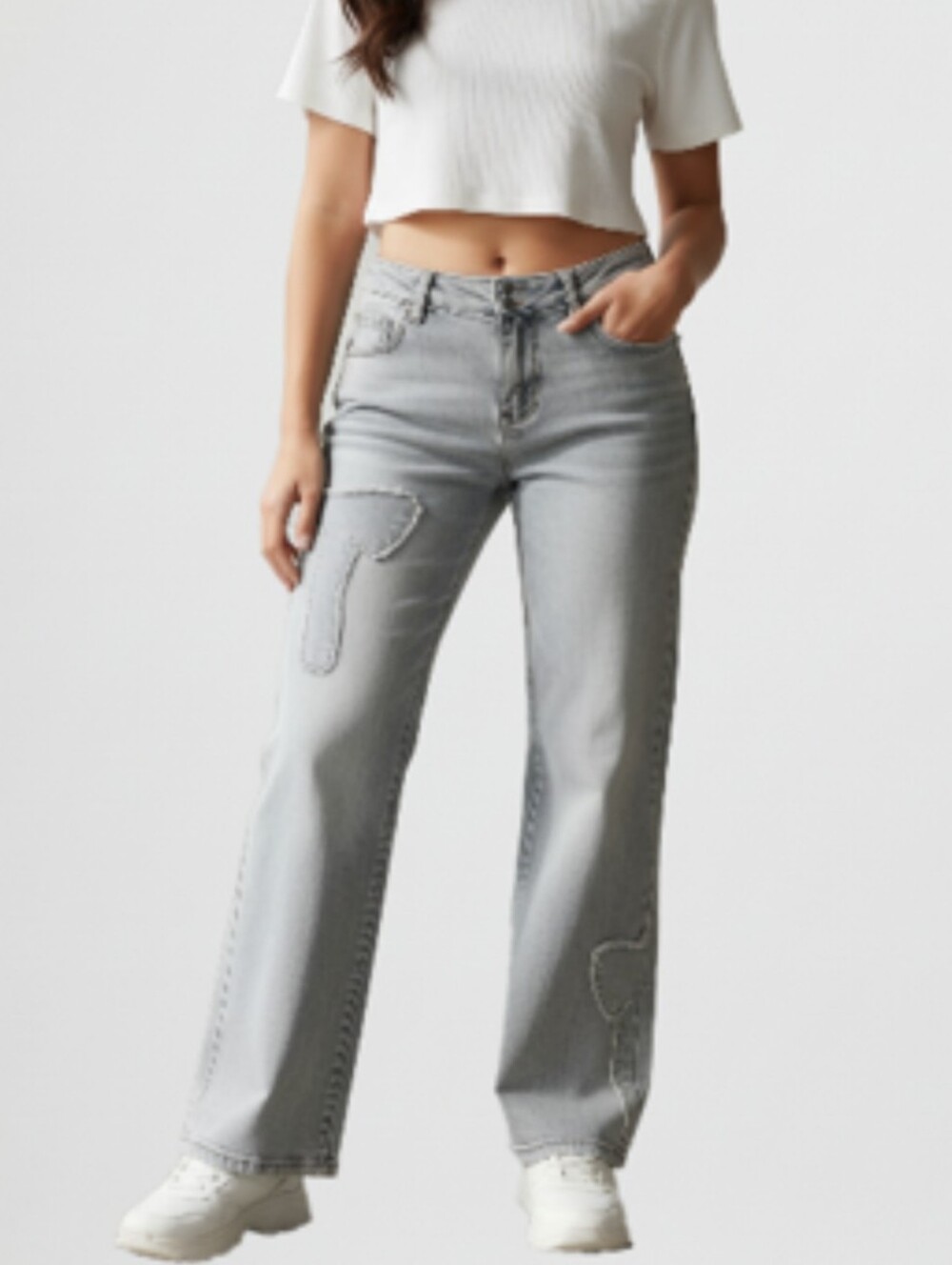 New Love Trends Light Acid  Double Button Wide Leg W Applique & Carpenter Jeans
